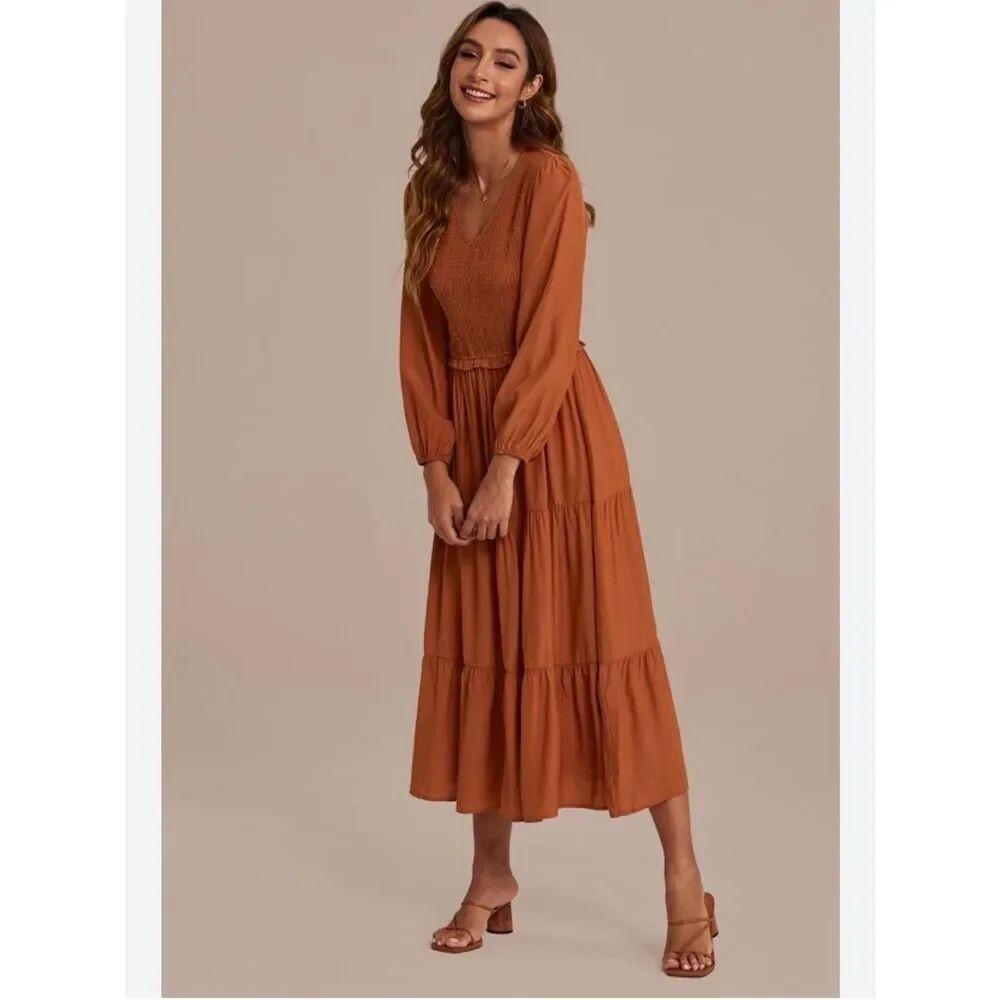 0068 Emma & Michele Rust Smocked Tiered Maxi Dress